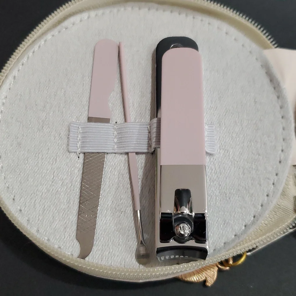 Light pink Strawberry and flower print nail manicure kit set with round case new